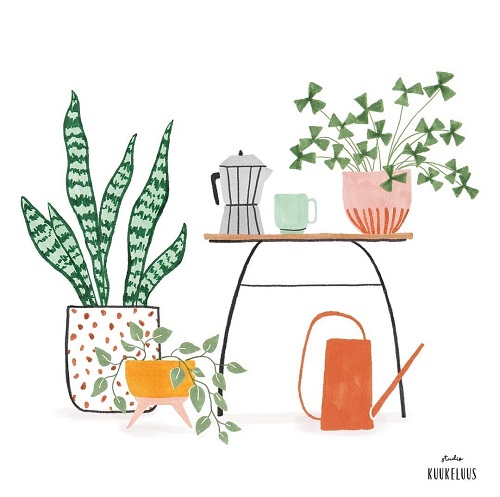 Studio Kuukeluus - illustratie - koffietafel met pantne en gieter