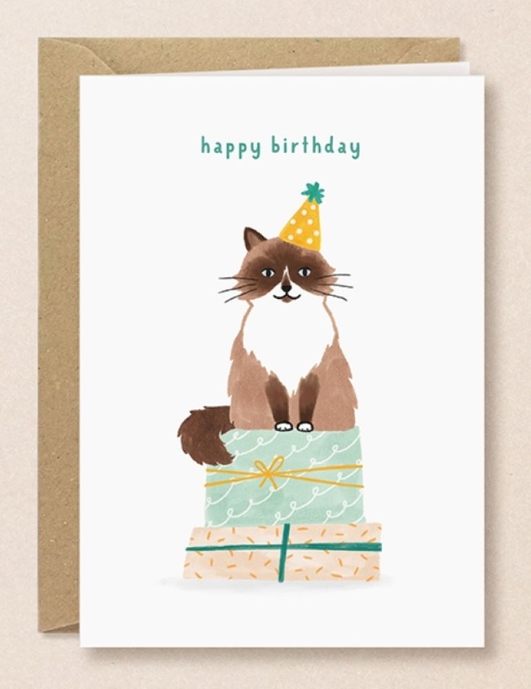 Kaart studio Kuukeluus - verjaardag kat met feestmuts