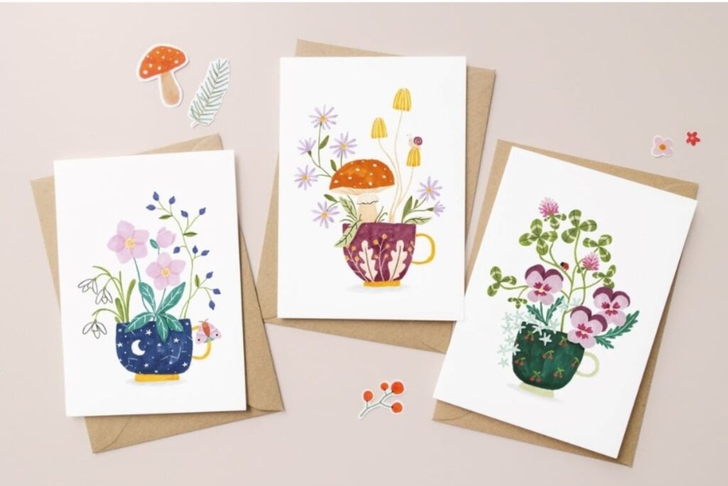 Kaarten studio Kuukeluus - kopjes met bloemen