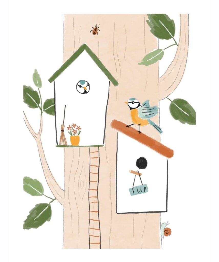 Illustratie Studio Kuukeluus - vogelhuisjes aan boom - gezlligheid in het Zettje Thema Hofje