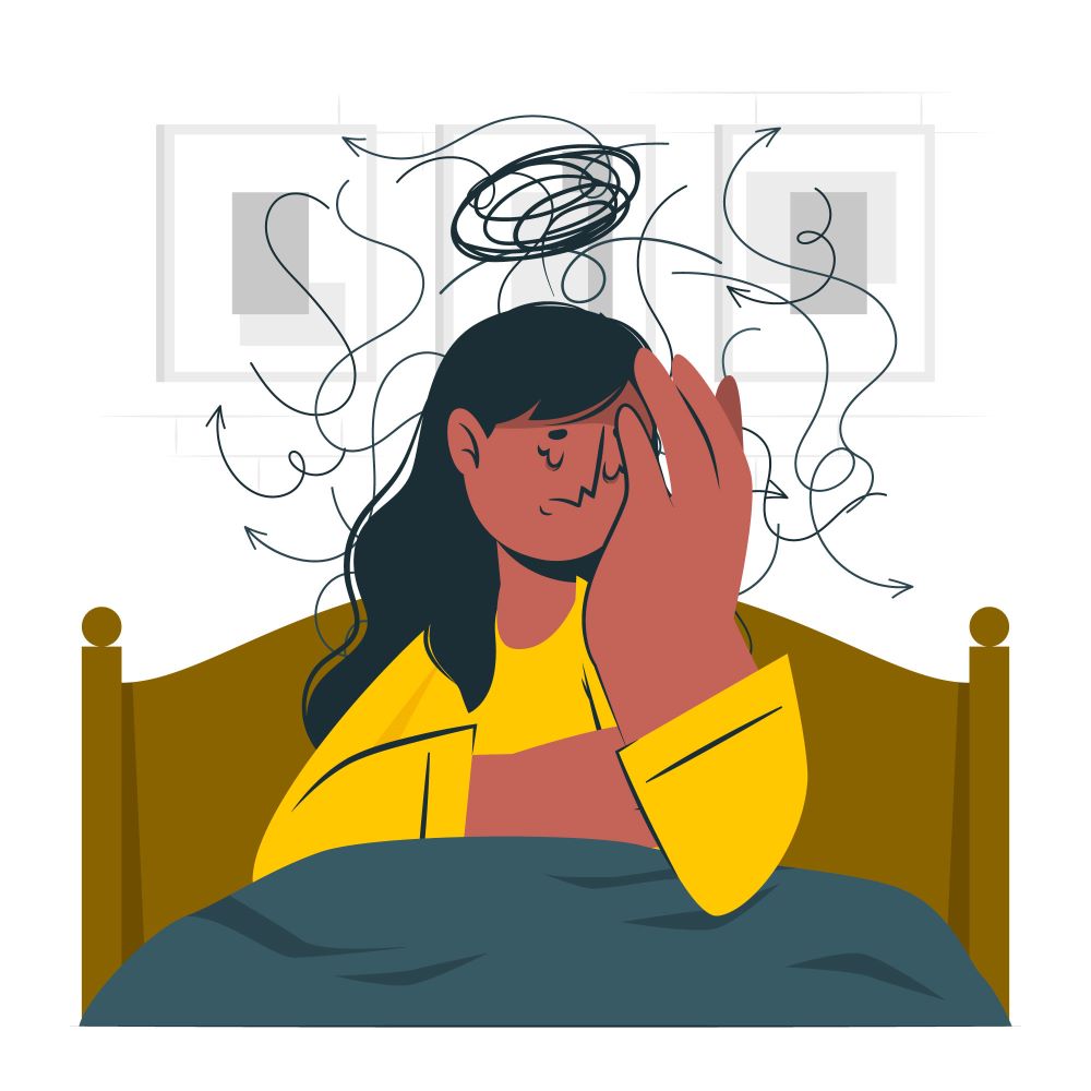 Tussen die bezigheden door neem ik regelmatig rust; ik loop tussendoor even weg, afleiding met een haakwerkje, even naar de wolken staren en in de middag op bed rusten. - Illustratie in bed met een overprikkeld hoofd - Blog waar een wil is is niet altijd een weg - Werken-kunnen-willen-afgekeurd