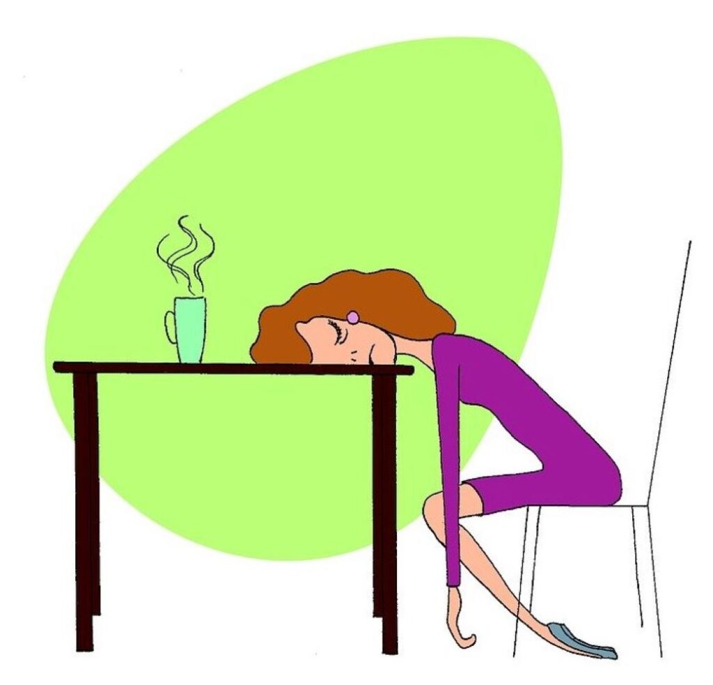 Wil ik bij een werkgever aan de slag voor één dag maar liever minimaal drie of meer dagen, om ook in mijn levensonderhoud voorzien, dan moet ik vaak ‘s morgens regelmatig afzeggen omdat het die dag niets wordt. - Illustratie slapend achter een bureau - blog april Waar een wil is is niet altijd een weg - Werken-kunnen-willen-afgekeurd