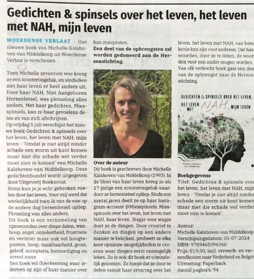 Krantenknipsel Michelle Miesspinsels boek; Gedichten en spinsels over het leven , het leven met NAH, mijn leven