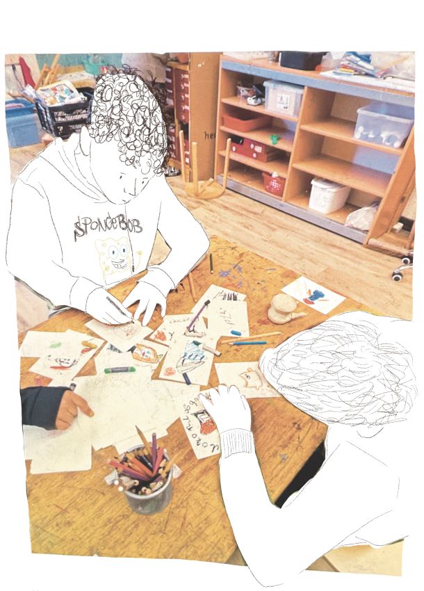 nu heb ik een kantoor plek, waar ik halve klassen kan ontvangen - Puur Spelen - Illustratie Inge van Holstein - Beeldcolumn beeldenbries.