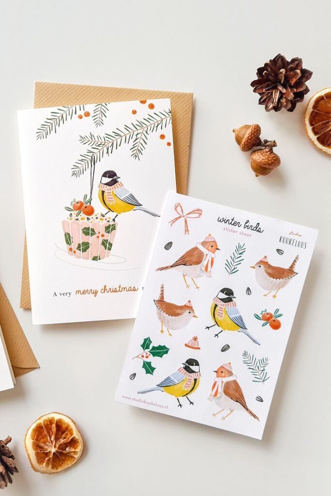 kaart en stickers vogels - - Illustratie Studio Kuukeluus