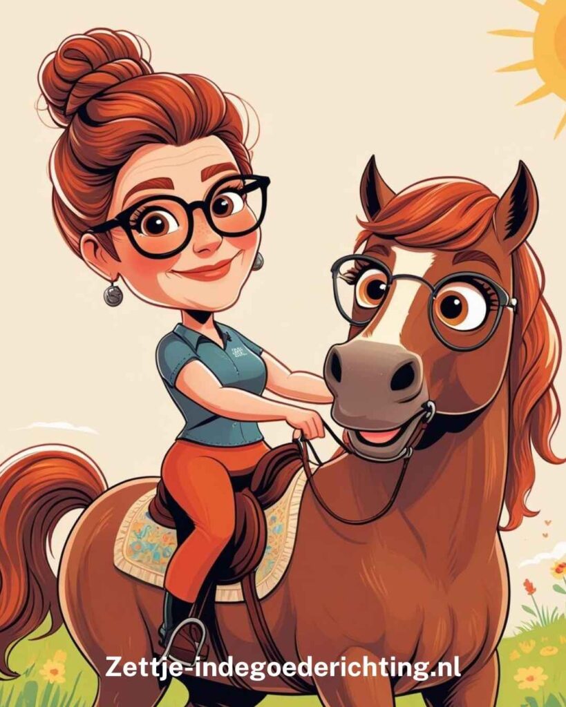 1000 columns vragen challenge 251 - In welke sport denk je goed te zijn - ik op een paard in cartoonstijl
